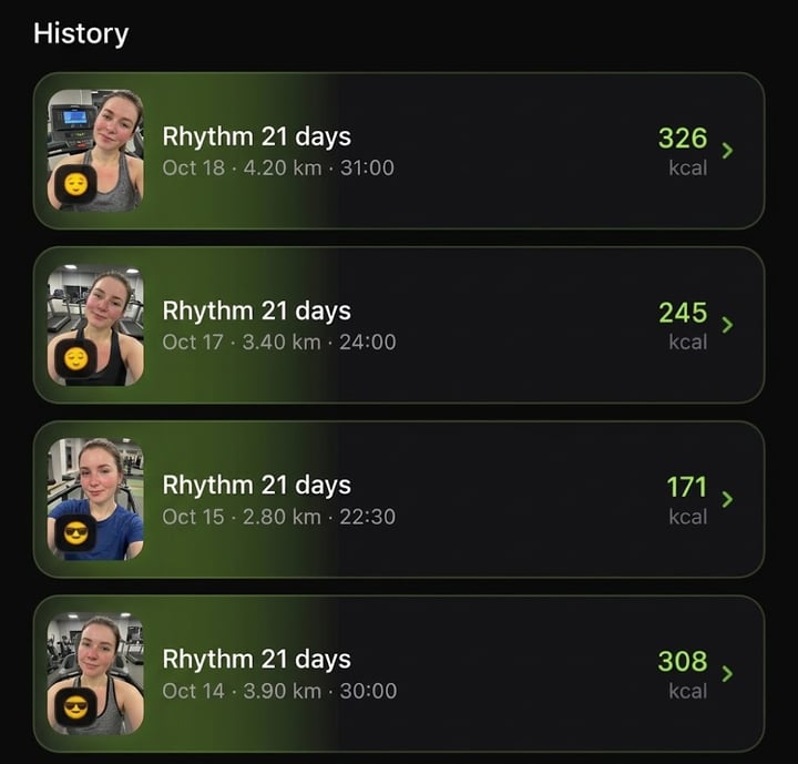 Workout history with photo reports